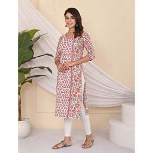 Cotton <b>Block</b> <b>Printed</b> White Jaal Kurti Traditional Indian Ethnic Long Stitched Rayon Clothing for Daily Wear Parties Floral - Product Image 3