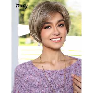 Perruque synthétique courte et droite pour femme DWY, en fibre haute température, style naturel avec frange, dentelle transparente de qualité, couleur marron - Product Image 1