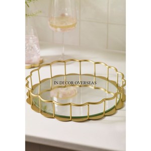 Meilleure vente Feuilles de créateur Plaqué or de haute qualité de qualité supérieure Encadré en métal de forme ronde Articles alimentaires Miroir de service Plateau Fournitures - Product Image 2