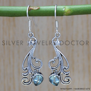 Boucles d'oreilles en topaze bleue en argent sterling 925 Jaipur bijoux de mode boucles d'oreilles en argent fin faites à la main en gros d'Inde - Product Image 2