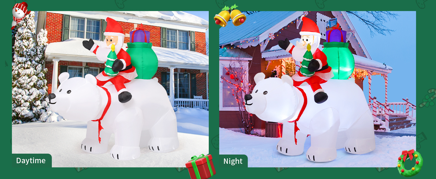 KOOY 6FT Christmas Inflatable - Santa Riding Polar Bear With LED Lights, Outdoor Yard Decoration For Holiday Party