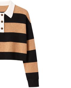 Suéter Polo Corto a Rayas Marrón y Negro Personalizado para Mujer, Suéter de Punto Suave de Manga Larga con Cierre de Botones, Top Informal de Invierno - Product Image 4