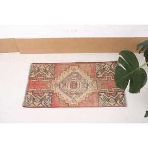 Vintage Turkish Wool Rug 1.3x2.6 ft Small Rug Red <b>Brown</b> Patchwork Design Eco-Friendly Latex Backing - Product Image 3