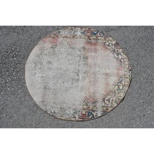 4x4 ft Turkish <b>Wool</b> Rug Round Vintage Patchwork Design <b>Red</b> Camouflage Pattern with Latex Backing - Product Image 3