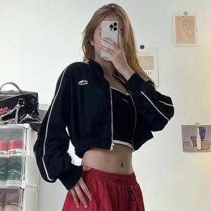 Sudadera con capucha Grunge con cremallera para mujer, ropa de calle, moda coreana, sudaderas ajustadas informales, sudadera recortada de manga larga negra a rayas, novedad de 2024 - Product Image 2