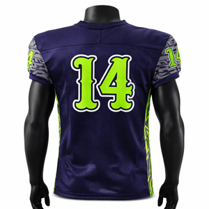 เสื้อฟุตบอลอเมริกันแบบกำหนดเองสำหรับผู้ชาย เสื้อตาข่ายระบายอากาศพร้อมหมายเลขสีนีออน แขนเสื้อลายพราง ชุดทีม OEM เสื้อฟุตบอลแบบซับลิเมชั่น - Product Image 2