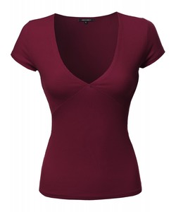 Spandex algodón peinado suave liso profundo cuello en V transpirable acanalado camiseta Mujer al por mayor con impresión personalizada - Product Image 1