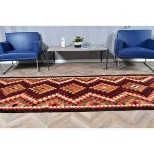 Kilim Rug, 3.2x11.3 ft Vintage Rug, <b>Red</b> Ikat Rug <b>Wool</b> - Product Image 4