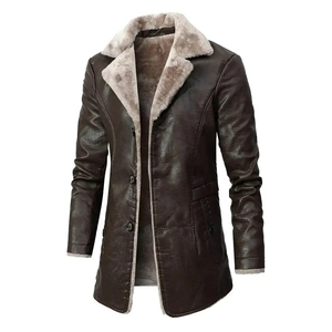 Custom <b>Men's</b> Dark Brown Shearling Leather Coat Faux Fur Lined Winter <b>Warm</b> Long Overcoat Button Closure Casual Outerwear - Product Image 1