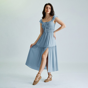OEM Renaissance Mujeres Casual <span class=keywords><strong>Maxi</strong></span> Vestidos de gasa Cintura elástica Cuadrado Escote en V Slit A-Line Smocked Corpiño <span class=keywords><strong>Maxi</strong></span> Longitud Chic - Product Image 5