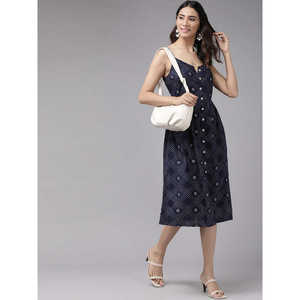 Vestido Corto Casual Estilo Vintage Azul de Rayón con Cuello en V, Estampado Floral a Rayas, Silueta Lápiz, Cintura Natural y Botones - Product Image 2