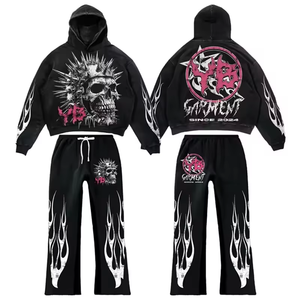 Alta calidad Vintage 100% algodón Unisex Streetwear sólido invierno ácido lavado Jogging conjunto bordado Sudadera con capucha pantalones de chándal acampanados - Product Image 1