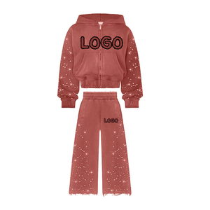 Ensemble survêtement homme streetwear décontracté personnalisé, avec sweat à capuche et pantalon de survêtement évasé, zippé, coloré, effet vieilli, strass, délavé à l'acide, hiver - Product Image 3