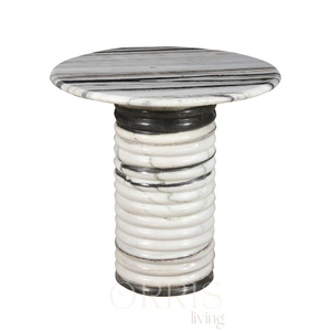 ORRIS LIVING Modern Black and White Marble Round <b>Nightstand</b> with Ribbed Pedestal Base for Bedroom and Living Room - Product Image 4