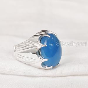 Recién llegado, anillo para hombre, piedra preciosa de Calcedonia azul Natural, anillo de piedra natal, todos los tamaños, joyería fina árabe, anillo de Plata de Ley 925 - Product Image 2