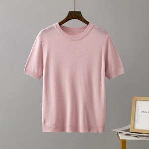 Vêtements brillants printemps été col rond mélange couleur Patchwork pull femmes décontracté à manches courtes pull tricot pull Slim hauts - Product Image 5