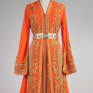 ELEGANTE/HERMOSO BORDADO DE ZARI DE ORO EN VESTIDO CAFTÁN NARANJA CON EMBELLECIDO CON CUENTAS DE CRISTAL, PIEDRA, TRABAJO DE DABKA @ 2023 - Product Image 1