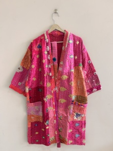 Silk Kantha Patchwork <b>Kimono</b> <b>Robe</b> Vintage Handmade Patola Silk Duster Jacket - Product Image 2