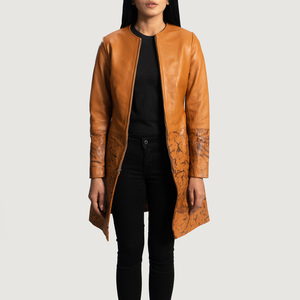 Diseño de moda tostado Otoño Invierno Gabardina de cuero Chaquetas de cuero largas reales para mujer - Product Image 3