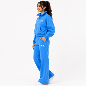 Conjunto Deportivo para Mujer, Sudadera Azul con Cierre de Cremallera, Antiarrugas, de Algodón/Bambú, Pantalones Anchos, Logotipo Personalizado, Ropa Deportiva para Gimnasio - Product Image 4