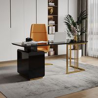 Meuble de bureau de luxe, bureau de travail avec tiroirs et cadre en acier inoxydable doré, plateau en verre, table de travail pour ordinateur