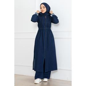Ensemble décontracté 2 pièces pour femme, bleu foncé, taille 3XL, avec short en jean 100 % coton, col rond élastique et capuche, longueur midi - Product Image 3