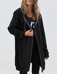 Chaqueta con capucha larga y cremallera completa para mujer de talla grande, abrigo informal con capucha, ropa de calle, sudadera, prendas de vestir exteriores con bolsillos delanteros - Product Image 3