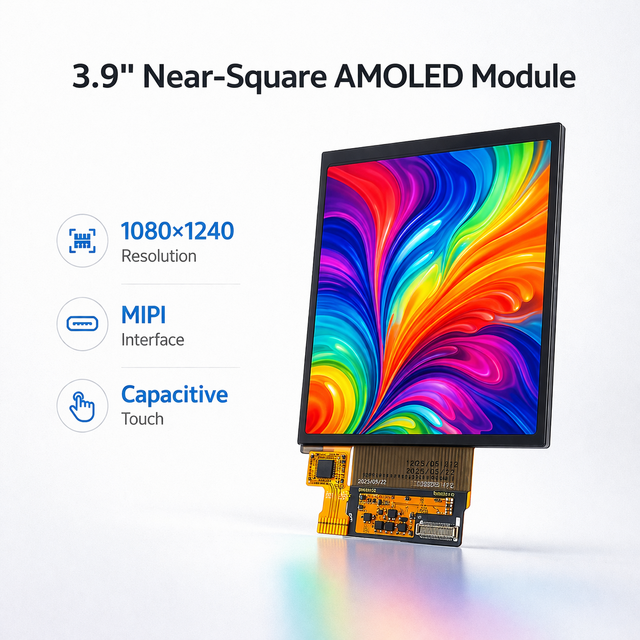 3.9 Inch Square AMOLED Display Module 1080x1240 High Resolution 700nits High Brightness for AI Agent Devices & Smart AI Hardware