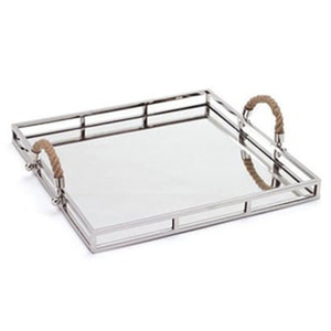Plateau décoratif en métal artisanat bijoux argent nickel métal service plateau en verre hôtel avec poignées en corde - Product Image 1