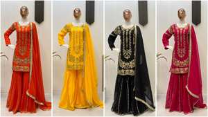 Traje Sarara de Georgette de Tres Piezas, Diseño Tradicional, con Bordado de Lentejuelas, Secado Rápido, Salwar Kameez para Fiestas - Product Image 6