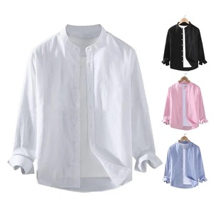 Nouveau concepteur 100% lin à manches longues chemise hommes décontracté solide blanc boutonné chemises pour hommes haut - Product Image 5