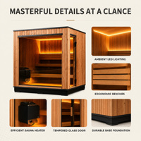 Cabine de sauna extérieure moderne Ploutara en bois naturel avec toit incliné, verre trempé, taille modulaire personnalisée, villa, complexe hôtelier, LED