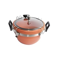 Casserole en terre cuite classique à basse pression, double poignée, couvercle en verre trempé brun, 3-5 litres, fond plat, antiadhésif, écologique et de qualité supérieure