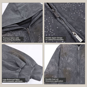Sudadera con capucha y cremallera doble desgastada con diamantes de imitación, ropa de calle, calidad superior, cómoda y elegante, a precio de fábrica - Product Image 4