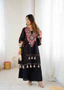 Wholesale Ethnic Salwar Kameez Garment Set Attractive Heavy Roman <b>Silk</b> <b>Thread</b> Real Mirror Tassels Work Party Occasions Black - Product Image 2