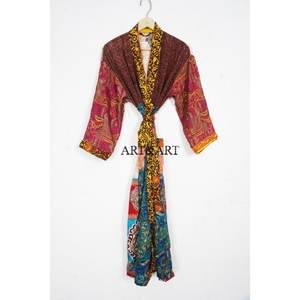 Elegant Vintage <b>Women's</b> Long 100% Silk Kimono Robe Indian Print Summer Sleepwear Luxurious Nonwoven Breathable Beach Cover Daily - Product Image 6