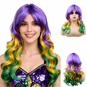 <span class=keywords><strong>Perruque</strong></span> synthétique longue ondulée colorée pour le Mardi Gras (violet, jaune, vert) pour femmes et filles, résistante à la chaleur, avec bonnet en maille élastique pour le cosplay - Product Image 1