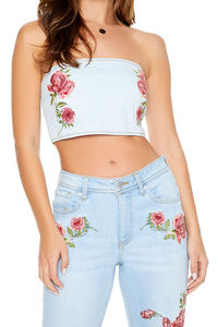 Top de tubo de mezclilla bordado con rosas más vendido, diseño personalizado transpirable, Top de tubo de mezclilla para mujer con camisa de mujer - Product Image 3