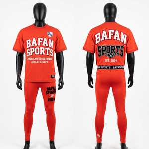 เสื้อยืดและกางเกงเลกกิ้งผู้ชายผ้าคอตตอนผสมคุณภาพสูง สีแดงสด ทรงแอธเลติก เนื้อผ้านุ่มยืดหยุ่น มีโลโก้ ชุด 2 ชิ้น - Product Image 1