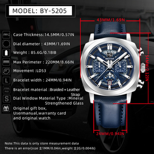 Benyar 5205 Nuevo Reloj de Pulsera de Cuarzo para Hombre, De Moda, con Esfera Luminosa de 43mm, Cronógrafo, Resistente al Agua 50m, Masculino - Product Image 6