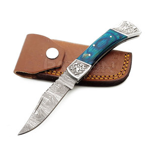 Couteau de poche pliant personnalisé fait à la main en acier Damas avec manche en bois de qualité supérieure gaine en cuir support OEM disponible - Product Image 1
