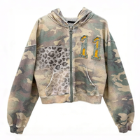 Sweat à capuche camouflage personnalisé, effet délavé, zippé, broderie et impression, style vintage streetwear, coupe oversize en coton