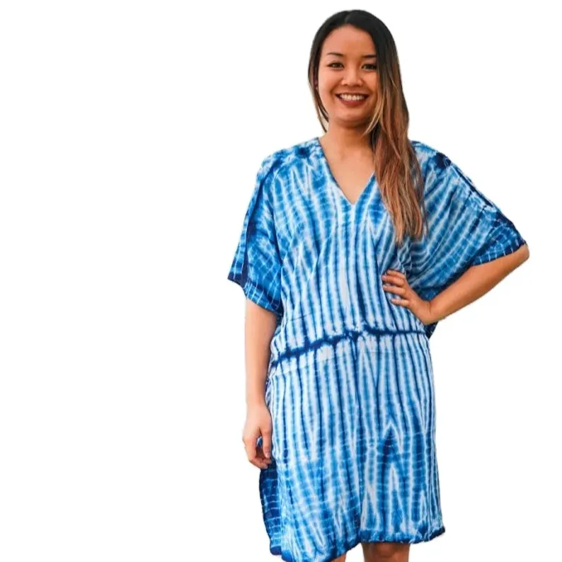 Exclusieve Designer Dames Klaar Om Te Dragen Sexy Stijlvolle Tie Dye Bedrukt Bohemian Strandkleding Korte Kaftan 'S Tegen Bulkprijs Groothandel