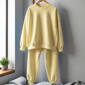 Survêtement unisexe bleu uni, col rond, manches longues, coupe ample, décontracté, pour l'automne, 100% coton, poids moyen, taille élastique - Product Image 4