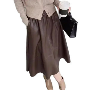 Haute qualité à la mode en cuir de mouton véritable solide noir longue jupe douce d'hiver respirante - Product Image 3