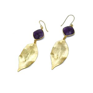 ต่างหูห้อยอเมทิสต์ทองเหลืองชุบทอง18K ทำด้วยมืองานแต่งงานแบบอินเดียสำหรับผู้หญิง - Product Image 1