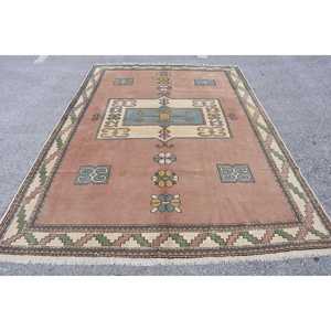 Turkish Vintage Rug, 6.9x9.6 ft Rug, <b>Brown</b> Blue Ikat <b>Wool</b> Rug - Product Image 5