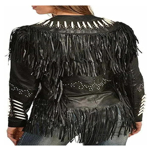 Chaquetas de cuero de piel de oveja genuina Chaqueta de flecos de cuero de ante de vaca de manga larga, chaqueta de mujer de cuero de ante de vaquera - Product Image 4