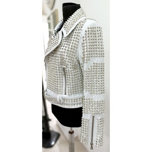 Veste en cuir cloutée pour homme, nouveau Style de veste de motard en cuir de vache véritable blanc - Product Image 3