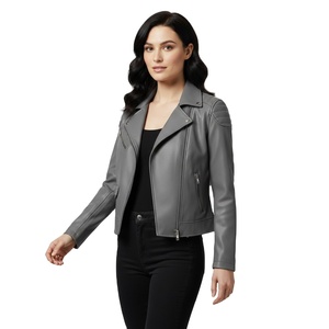 Veste de moto en cuir gris avec logo personnalisé en relief, vente en gros en vrac, prix d'usine, style motard authentique, manteau de mode pour femmes - Product Image 1
